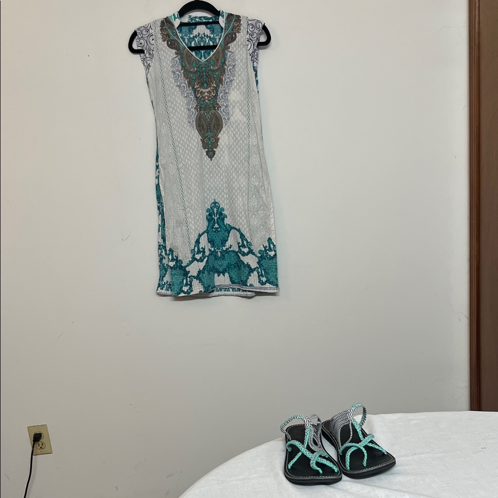 🌞 Elegant Blue Green & White Kurti Tunic Top swing Cover-up women size XS